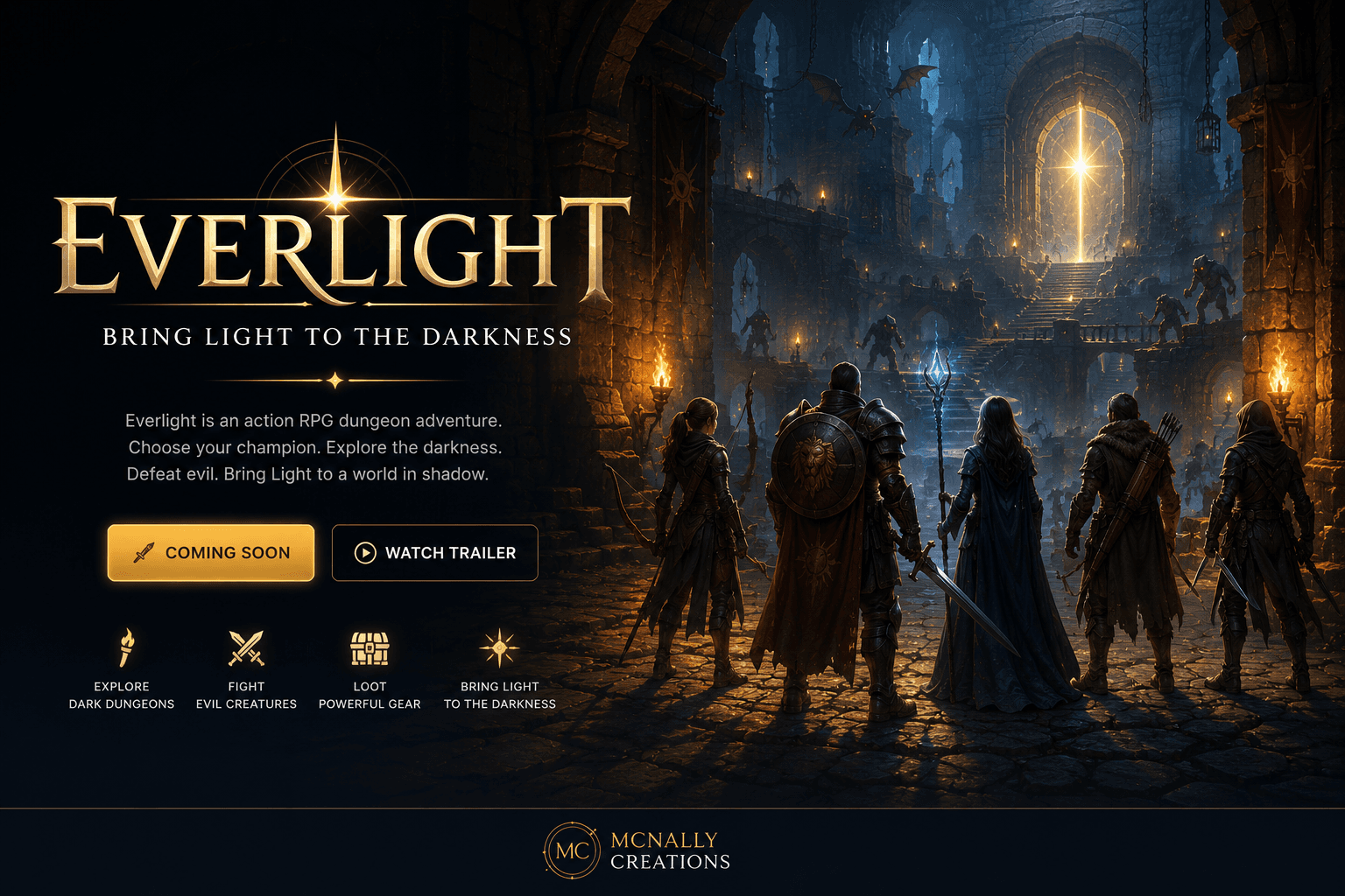 Adventurers facing a luminous doorway in Everlight's ruined dungeon