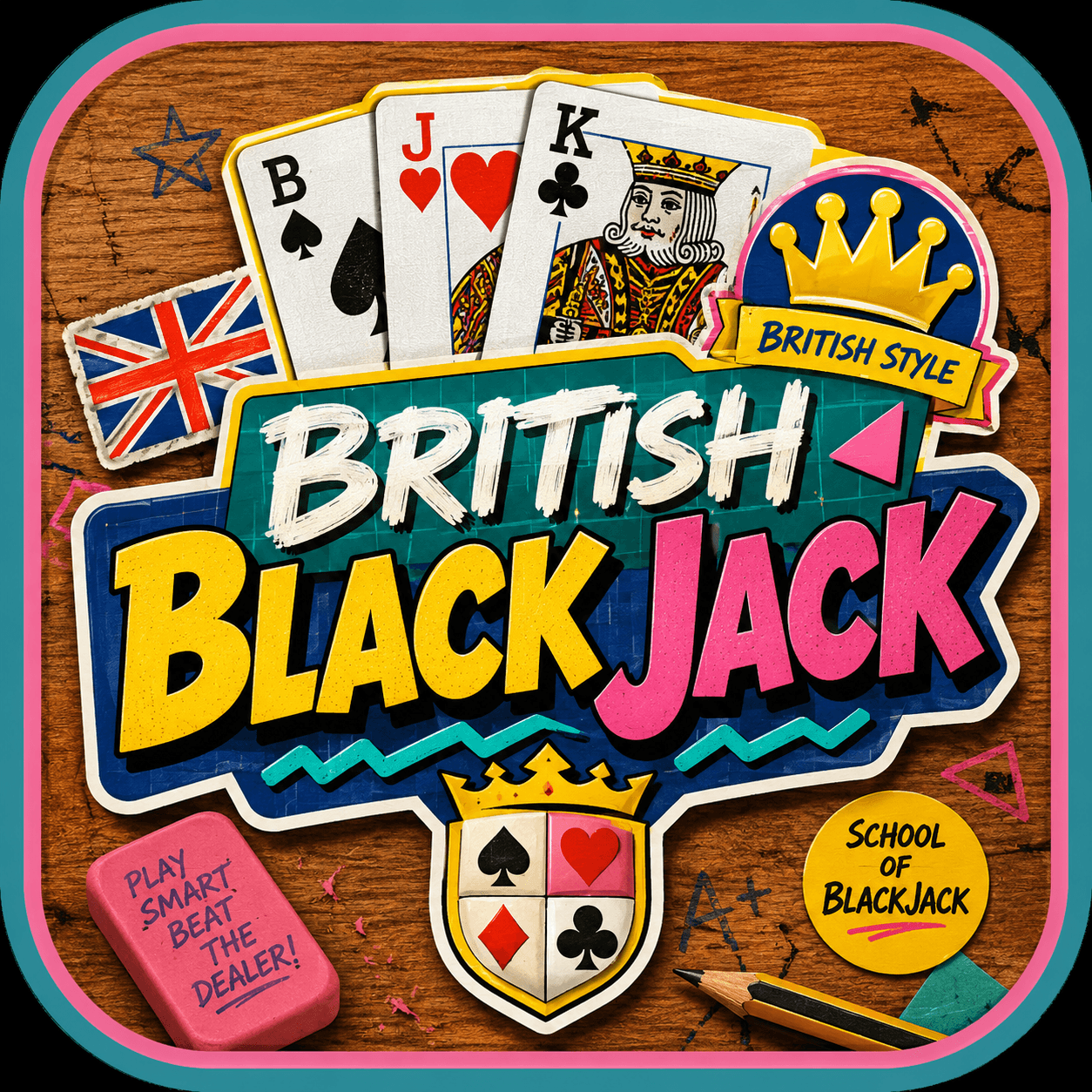 British Black Jack logo with playing cards on a colourful classroom desk
