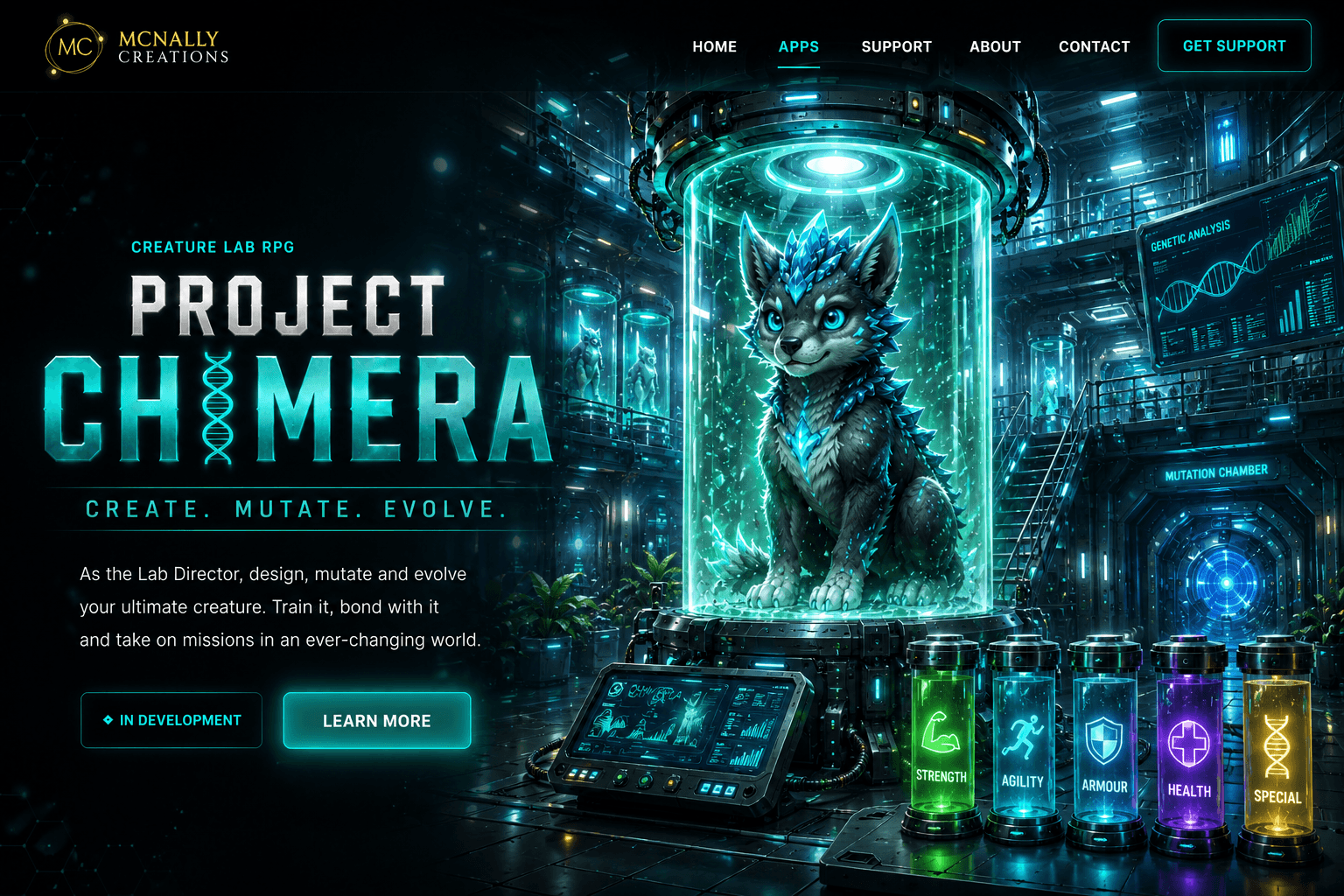 A luminous creature inside a cyan containment chamber in the Project Chimera laboratory